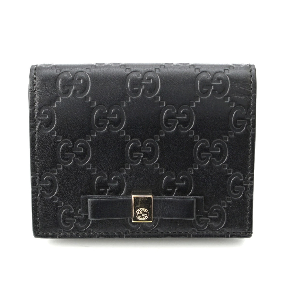 Gucci GG Guccissima Leather Ribbon Compact Wallet Embossed Bi fold Black